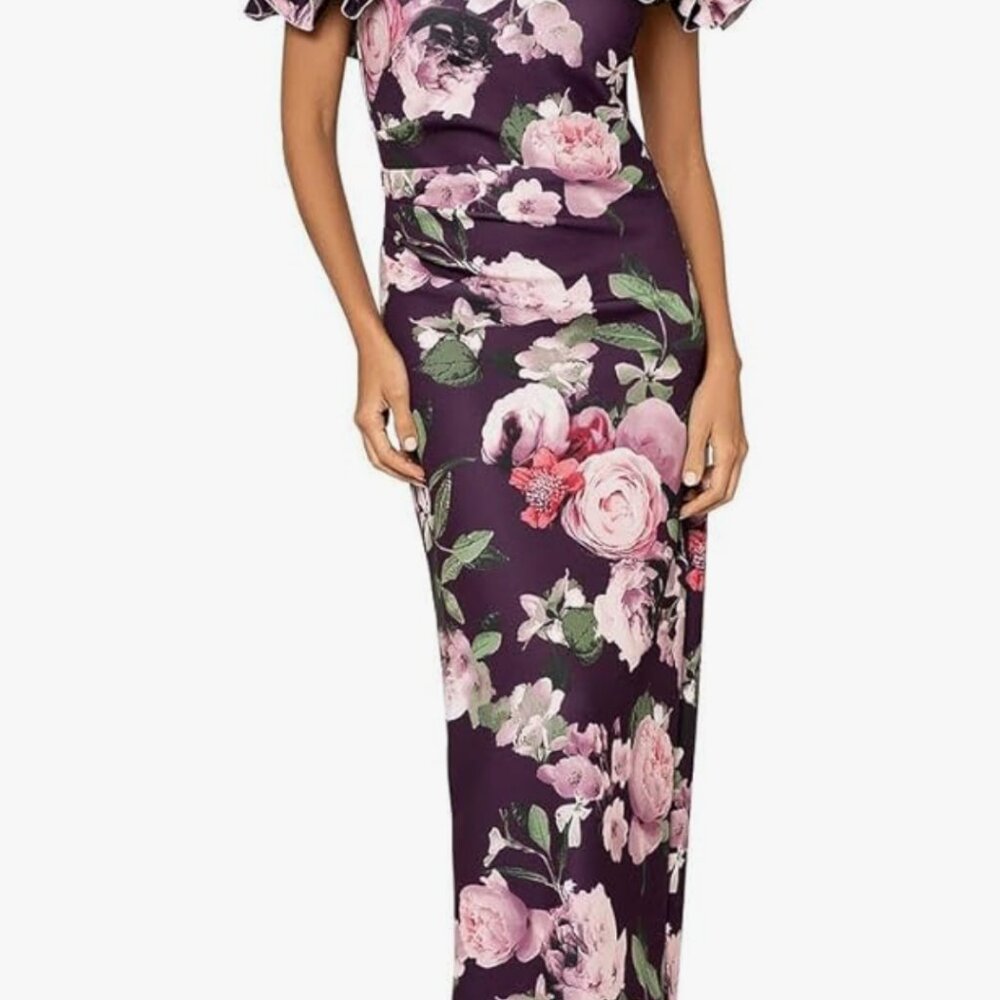 Xscape Womens Ruffled Long Evening Dress Sz 14 / Purple w pink floral design